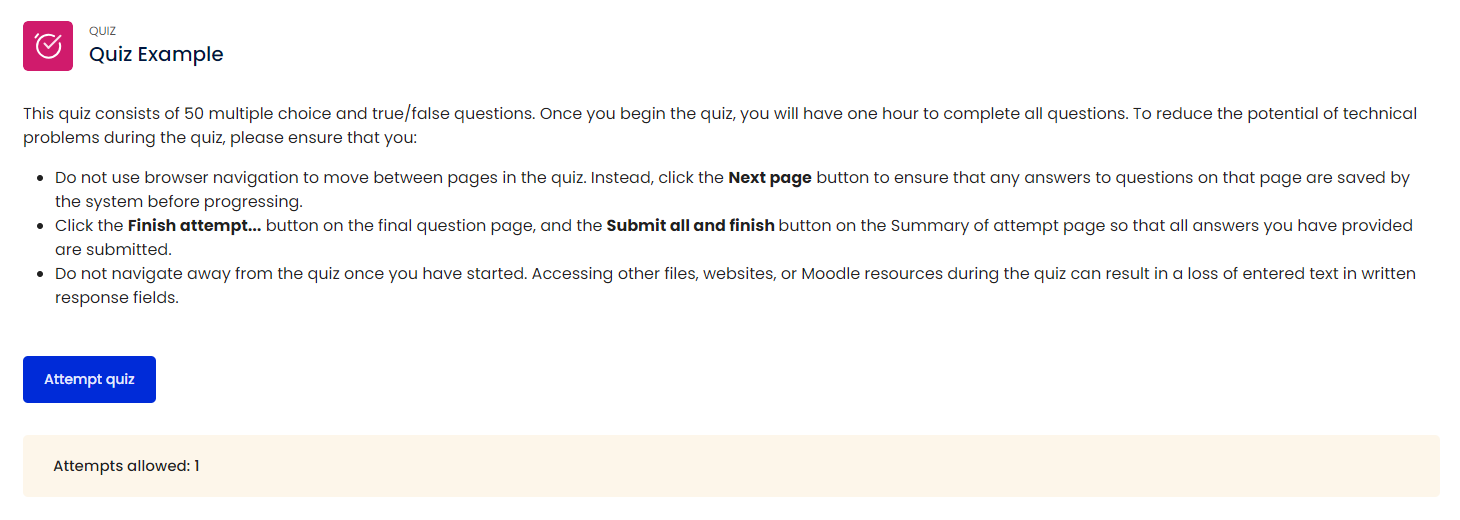 Quiz Instructions Page